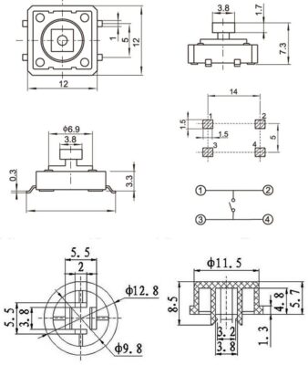 Botones Pulsadores Switch 4 Pines dimensiones
