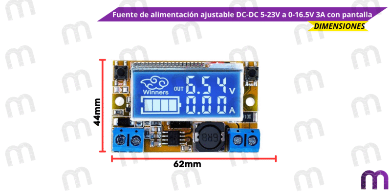 Fuente de alimentación ajustable DC-DC 5-23V a 0-16.5V 3A con pantalla