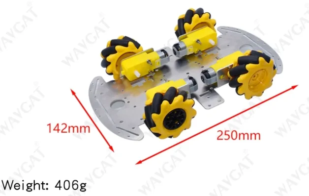 dimensiones Kit 4 Ruedas Mecanum + 4 Motores TT + Chasis de Aluminio + Accesorios de Ensamble DIY