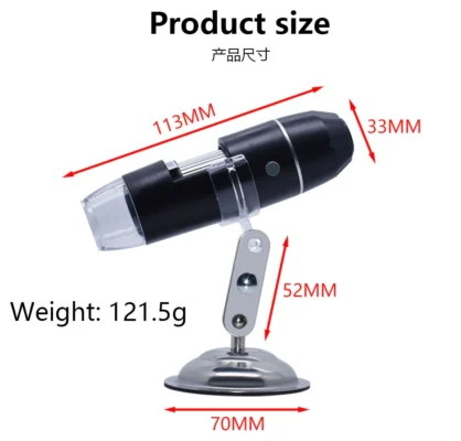 dimensiones Microscopio Digital Ajustable 1600X con USB, Zoom de 8 LED Cámara Electrónica