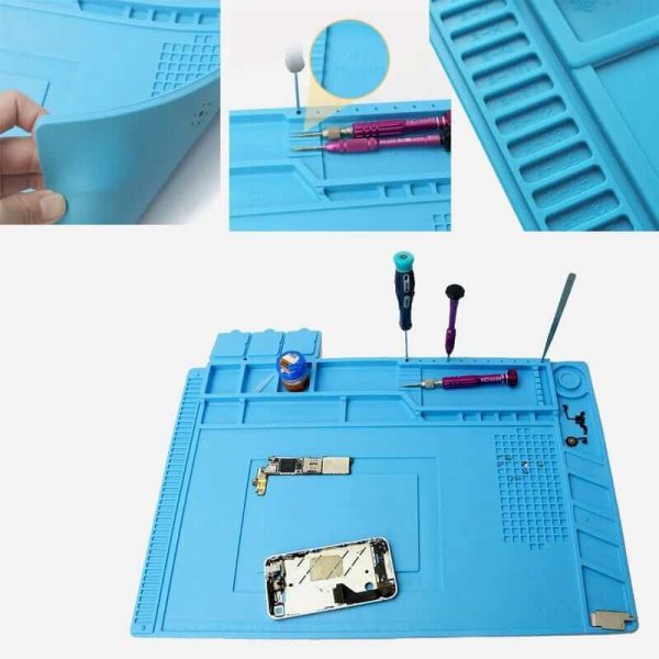 Este tapete magnético de silicona antiestática mide 45cm x 30cm y es perfecto para tareas de mantenimiento o reparación en tarjetas electrónicas. Posee varios compartimientos diseñados para almacenar componentes pequeños, tornillos y otras piezas necesarias durante el desmontaje. El material del tapete es altamente resistente y puede tolerar temperaturas de hasta 400°C en la zona destinada a trabajos de soldadura, protegiendo así la superficie de su mesa de trabajo. Usos comunes del tapete incluyen la reparación de dispositivos móviles, tabletas y placas de circuitos integrados, proporcionando una superficie adecuada para soldar y desoldar componentes electrónicos. Cabe mencionar que el tapete se entrega sin herramientas incluidas. Especificaciones y características: Tipo: Tapete magnético de silicona antiestática Modelo: S-160 Material: Silicona Dimensiones: Largo: 45cm, Ancho: 30cm, Espesor: 1.5cm Incluye una caja de almacenamiento con tapa Dispone de un área especial para desarmadores y para magnetizar o desmagnetizar herramientas Cuenta con un sistema de numeración para la organización secuencial de tornillos Posee una ranura específica para tarjetas lógicas y una zona resistente para soldadura a alta temperatura Área magnética para una firme sujeción de piezas pequeñas