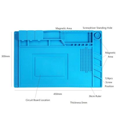 Este tapete magnético de silicona antiestática mide 45cm x 30cm y es perfecto para tareas de mantenimiento o reparación en tarjetas electrónicas. Posee varios compartimientos diseñados para almacenar componentes pequeños, tornillos y otras piezas necesarias durante el desmontaje. El material del tapete es altamente resistente y puede tolerar temperaturas de hasta 400°C en la zona destinada a trabajos de soldadura, protegiendo así la superficie de su mesa de trabajo. Usos comunes del tapete incluyen la reparación de dispositivos móviles, tabletas y placas de circuitos integrados, proporcionando una superficie adecuada para soldar y desoldar componentes electrónicos. Cabe mencionar que el tapete se entrega sin herramientas incluidas. Especificaciones y características: Tipo: Tapete magnético de silicona antiestática Modelo: S-160 Material: Silicona Dimensiones: Largo: 45cm, Ancho: 30cm, Espesor: 1.5cm Incluye una caja de almacenamiento con tapa Dispone de un área especial para desarmadores y para magnetizar o desmagnetizar herramientas Cuenta con un sistema de numeración para la organización secuencial de tornillos Posee una ranura específica para tarjetas lógicas y una zona resistente para soldadura a alta temperatura Área magnética para una firme sujeción de piezas pequeñas