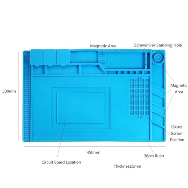 Este tapete magnético de silicona antiestática mide 45cm x 30cm y es perfecto para tareas de mantenimiento o reparación en tarjetas electrónicas. Posee varios compartimientos diseñados para almacenar componentes pequeños, tornillos y otras piezas necesarias durante el desmontaje. El material del tapete es altamente resistente y puede tolerar temperaturas de hasta 400°C en la zona destinada a trabajos de soldadura, protegiendo así la superficie de su mesa de trabajo. Usos comunes del tapete incluyen la reparación de dispositivos móviles, tabletas y placas de circuitos integrados, proporcionando una superficie adecuada para soldar y desoldar componentes electrónicos. Cabe mencionar que el tapete se entrega sin herramientas incluidas. Especificaciones y características: Tipo: Tapete magnético de silicona antiestática Modelo: S-160 Material: Silicona Dimensiones: Largo: 45cm, Ancho: 30cm, Espesor: 1.5cm Incluye una caja de almacenamiento con tapa Dispone de un área especial para desarmadores y para magnetizar o desmagnetizar herramientas Cuenta con un sistema de numeración para la organización secuencial de tornillos Posee una ranura específica para tarjetas lógicas y una zona resistente para soldadura a alta temperatura Área magnética para una firme sujeción de piezas pequeñas